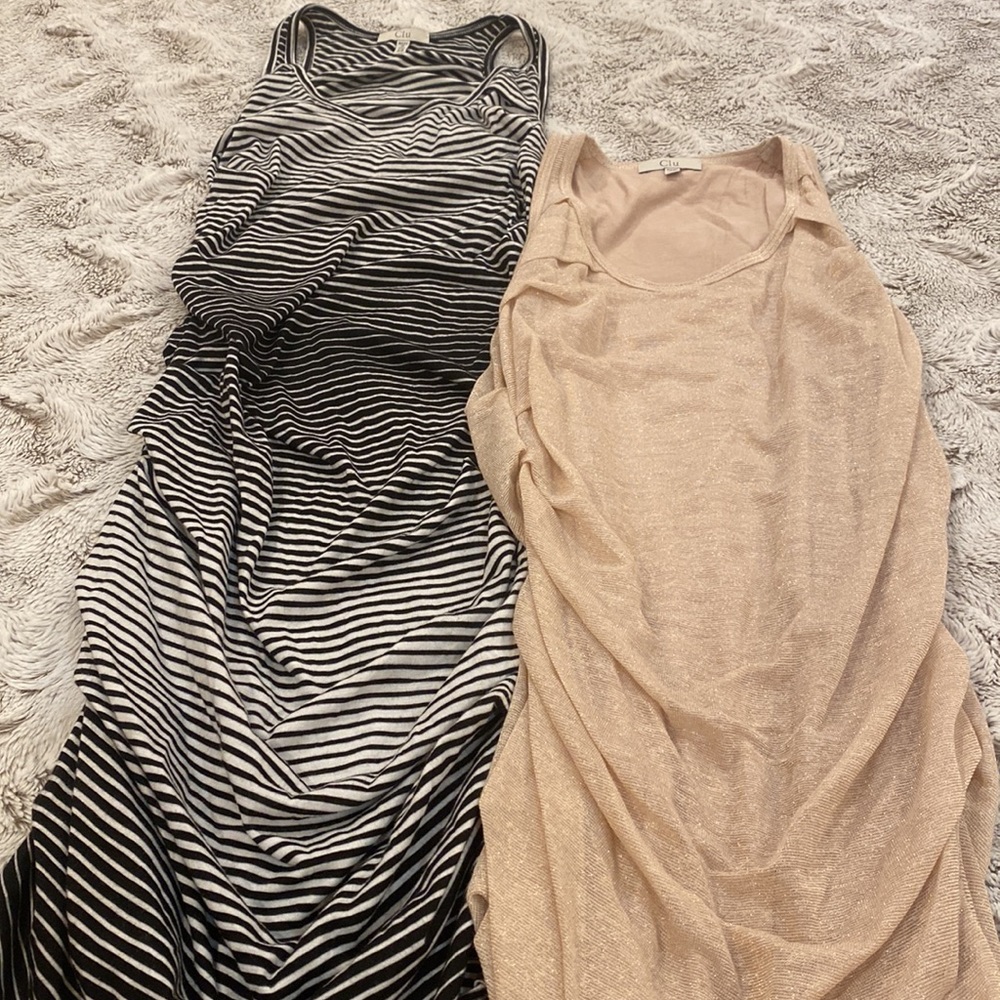 Clu Dresses:  Black & White Striped and Gold Shimmer. 34” length. Rouged - Picture 2 of 15